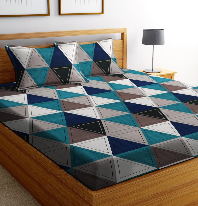 SHOMES Cotton Glace Cotton Elastic Fitted Geometric Bedsheet with 2 King Size Pillow Covers | Double Bed with All Around Elastic, Fits Upto 8 Inches Mattress, Size 72 x 78 Inches (Multicolor), 250 TC - Image 1