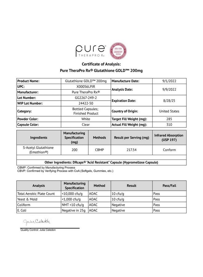Pure Therapro Rx Sacetyl Glutathione Gold 60 Drcaps "Acidresistant"; 200Mg Per Capsule; Patented Acetylated Form Of Glutathione (Emothion); 2 Month Supply; Zero Fillers / Flow Agents; Pharmaceutical Grade - Image 5