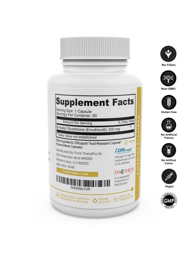 Pure Therapro Rx Sacetyl Glutathione Gold 60 Drcaps "Acidresistant"; 200Mg Per Capsule; Patented Acetylated Form Of Glutathione (Emothion); 2 Month Supply; Zero Fillers / Flow Agents; Pharmaceutical Grade - Image 3