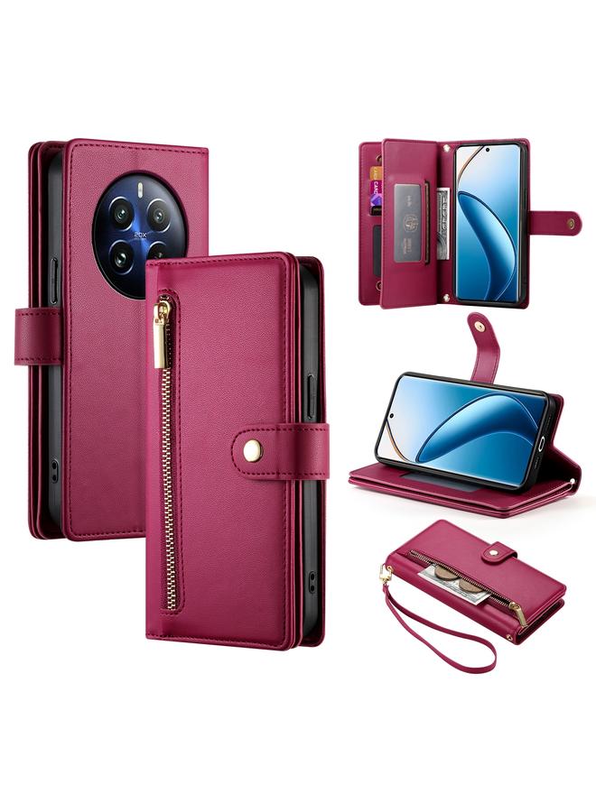 erorex For Realme 12 Pro / 12 Pro+ Nine Card-slot Zipper Wallet Bag Leather Phone Case(Red) 