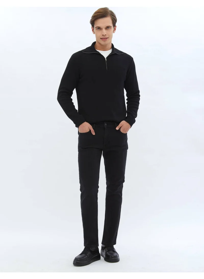 Kip Black Slim Fit Denim Cotton Blend Trousers