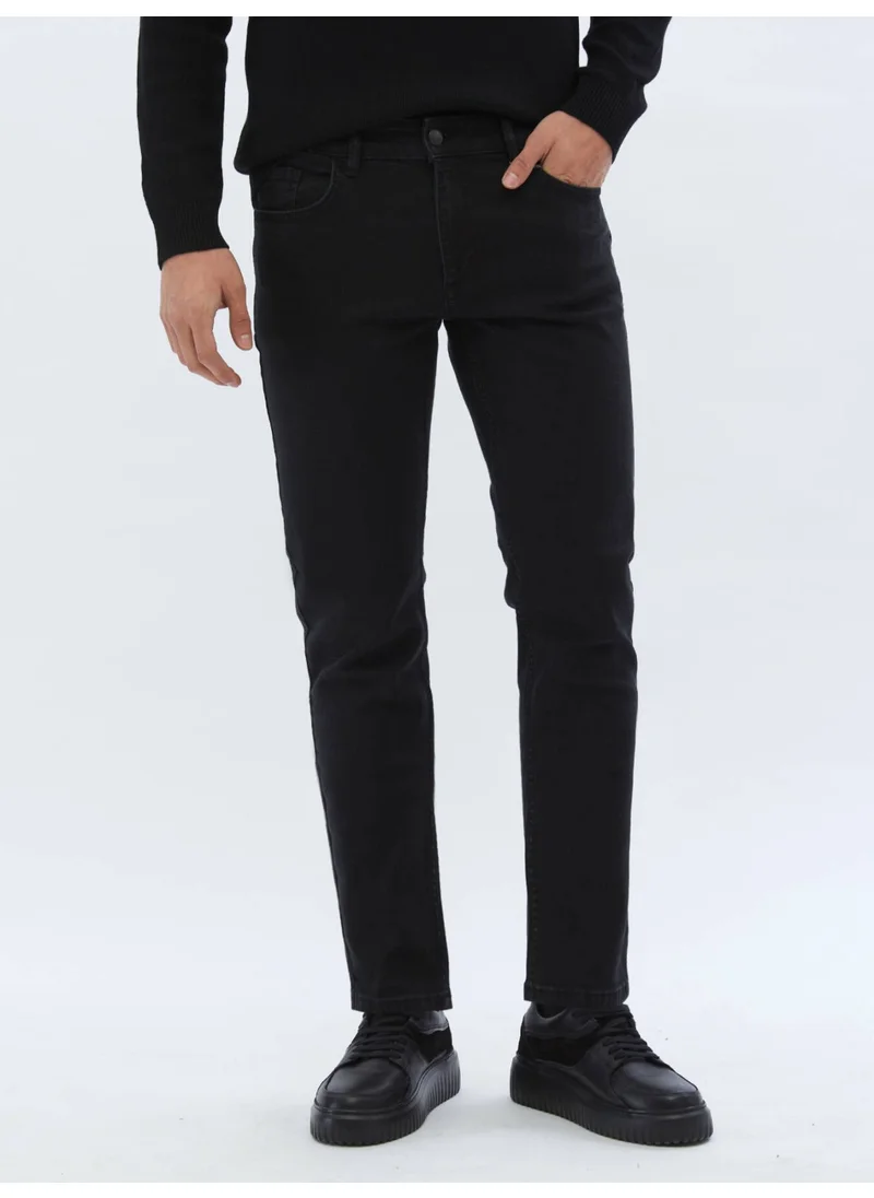 Kip Black Slim Fit Denim Cotton Blend Trousers