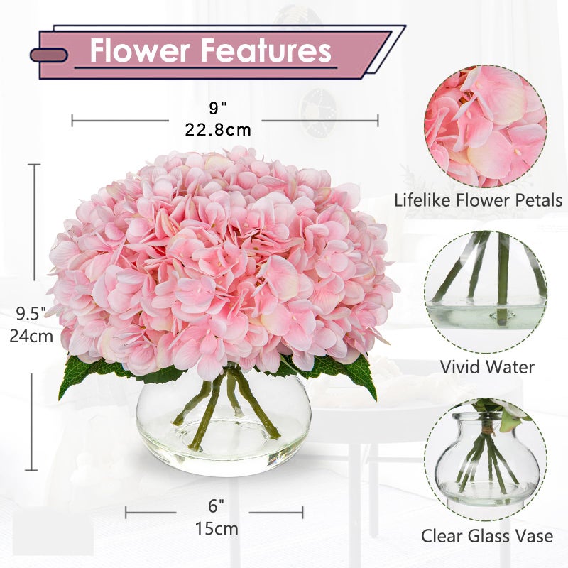 Hollyone Hydrangea Artificial Flowers with Glass Vase Pink Silk Faux Flowers Arrangements with Clear Faux Water Fake Floral Bulk Bouquet for Home Decor Table Centerpiece Decorations - Image 2