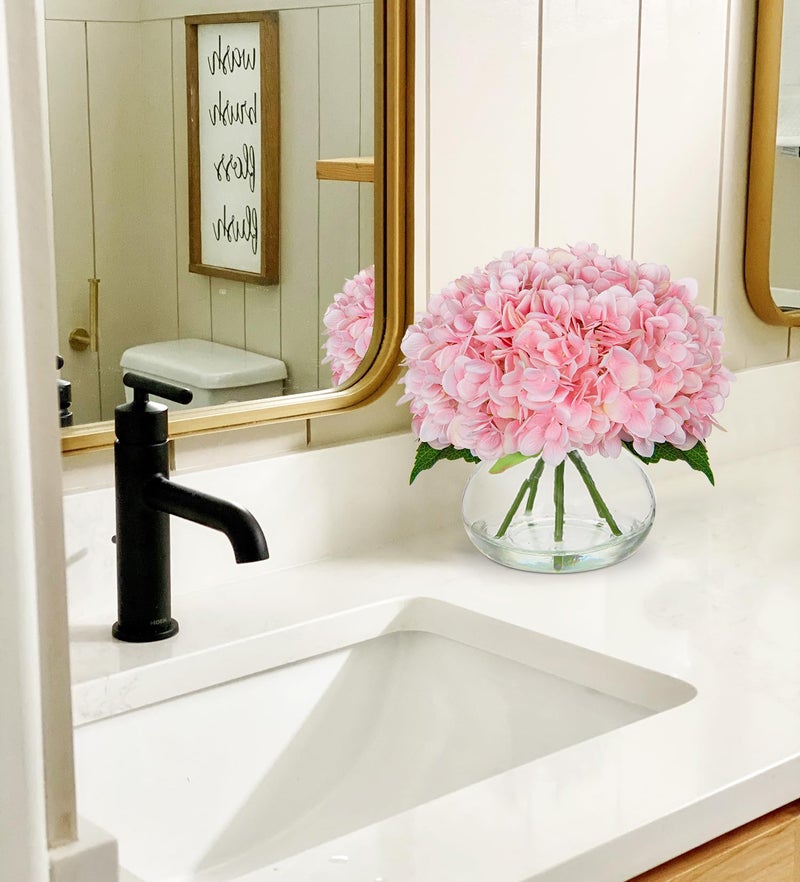 Hollyone Hydrangea Artificial Flowers with Glass Vase Pink Silk Faux Flowers Arrangements with Clear Faux Water Fake Floral Bulk Bouquet for Home Decor Table Centerpiece Decorations - Image 3