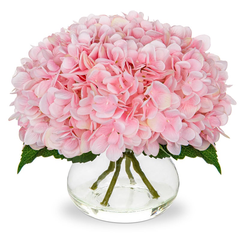 Hollyone Hydrangea Artificial Flowers with Glass Vase Pink Silk Faux Flowers Arrangements with Clear Faux Water Fake Floral Bulk Bouquet for Home Decor Table Centerpiece Decorations - Image 1