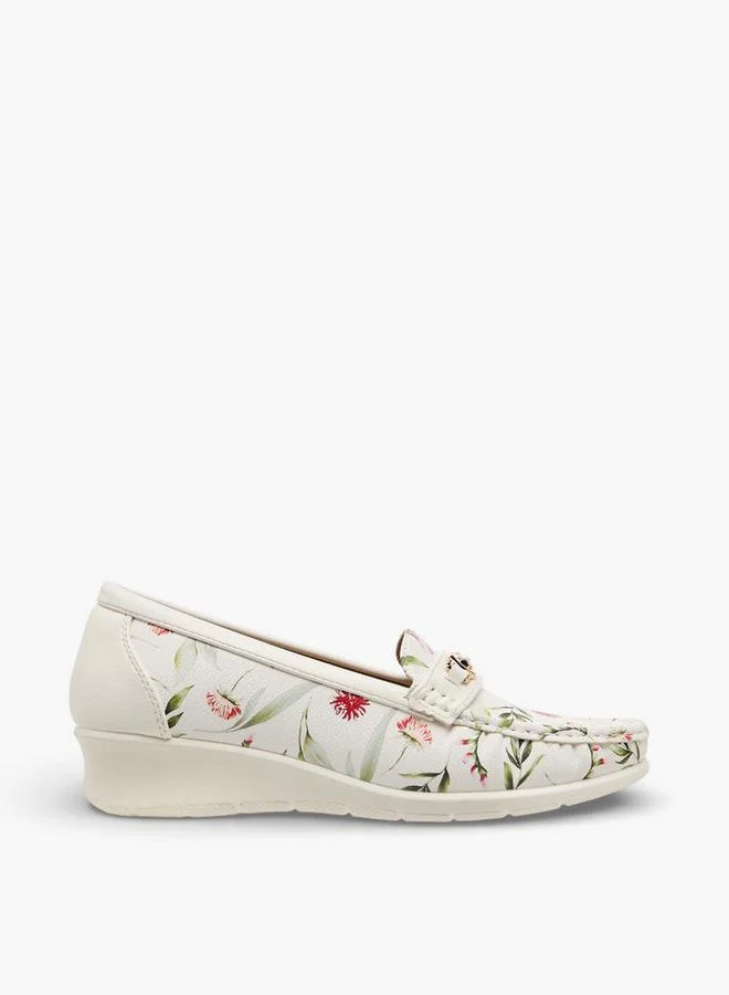 Flora Bella By Shoexpress WHITE Women Floral Print Wedge Heel Loafers for Women | Best Price UAE