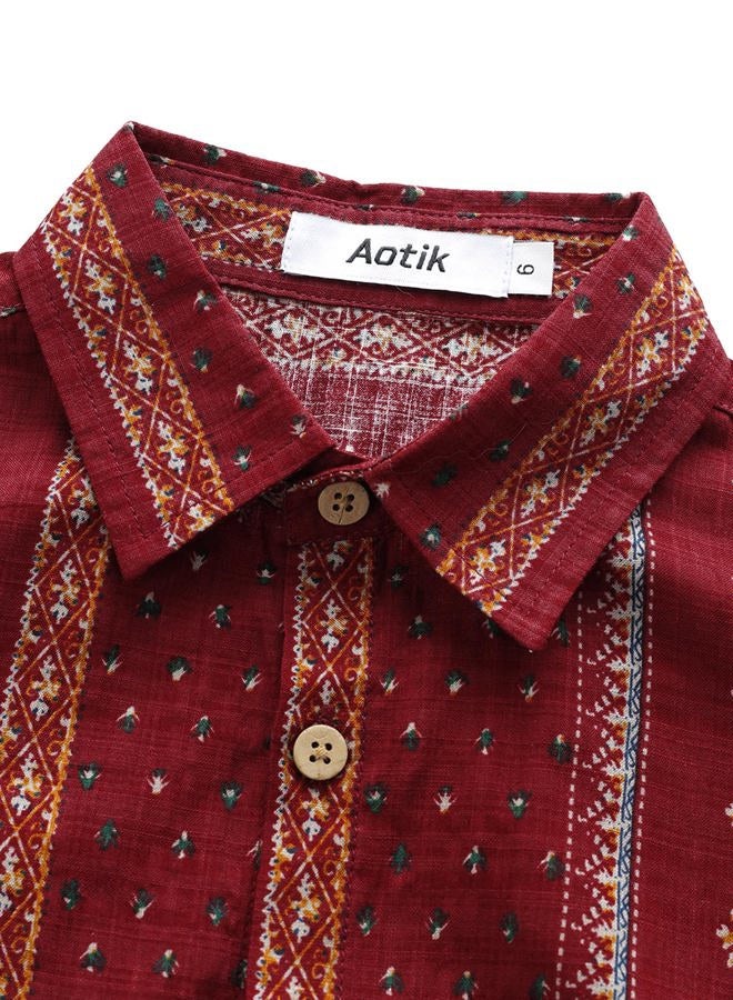 AOTIK Boys Hawaiian Shirt Floral Printed Short Sleeve Button Down Shirt Beach Vacation Summer Casual Shirts for Kids, Winered, 9-10 Years - Image 3