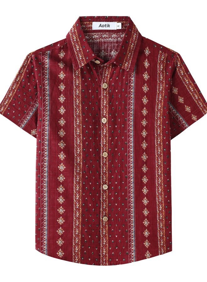 AOTIK Boys Hawaiian Shirt Floral Printed Short Sleeve Button Down Shirt Beach Vacation Summer Casual Shirts for Kids, Winered, 9-10 Years - Image 1