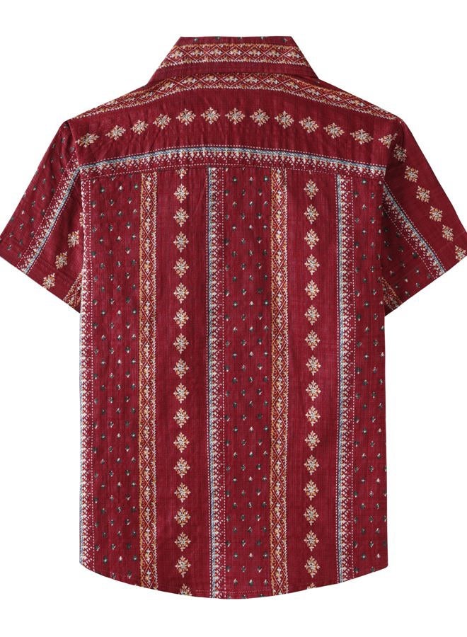 AOTIK Boys Hawaiian Shirt Floral Printed Short Sleeve Button Down Shirt Beach Vacation Summer Casual Shirts for Kids, Winered, 9-10 Years - Image 2
