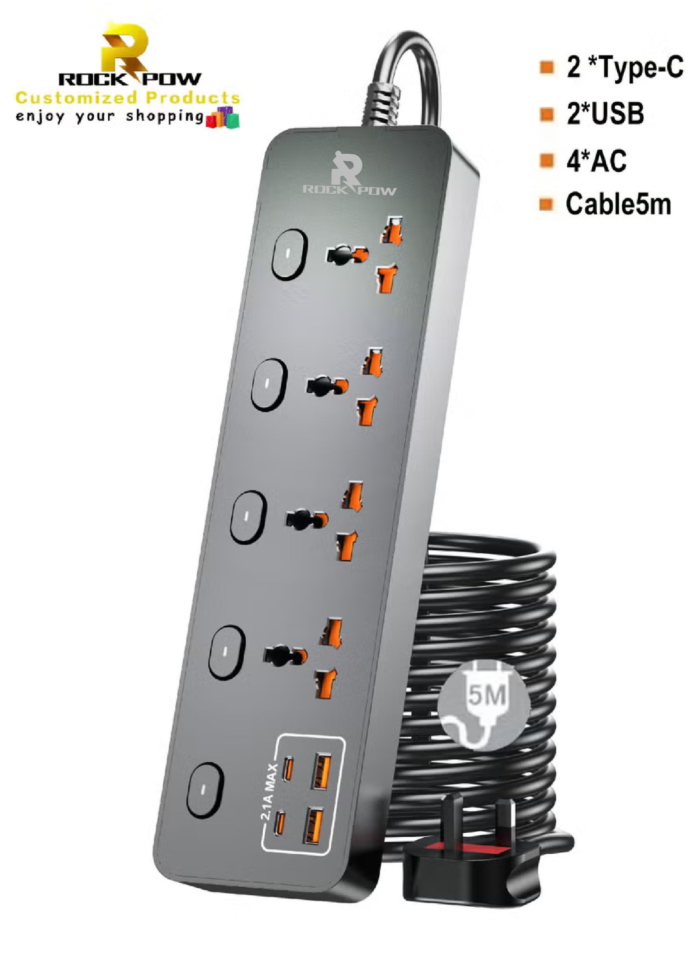 5 meters Universal Extension Lead with Multiple Function UK Plug 3 Pin Socket Outlet with 4 Gang 2 USB Port 2 Type-C Port 5M Electric Socket Mains Strip for Home Kitchen and Office 5 meters