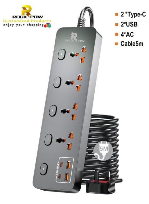 5 أمتار التمديد العالمي الرصاص مع وظيفة متعددة المملكة المتحدة التوصيل 3 دبوس منفذ المقابس مع 4 عصابة 2 منفذ USB 2 نوع-C منفذ 5M المقابس الكهربائي الشريط الرئيسي للمطبخ المنزلي والمكتب 5 أمتار