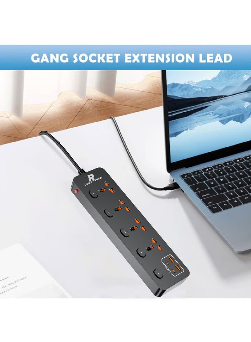 Rock Pow 5 meters Universal Extension Lead with Multiple Function UK Plug 3 Pin Socket Outlet with 4 Gang 2 USB Port 2 Type-C Port 5M Electric Socket Mains Strip for Home Kitchen and Office 5 meters - Image 3