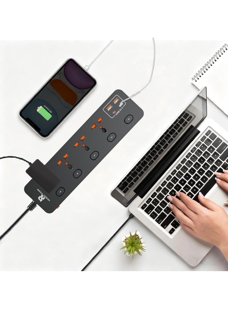 Rock Pow 5 meters Universal Extension Lead with Multiple Function UK Plug 3 Pin Socket Outlet with 4 Gang 2 USB Port 2 Type-C Port 5M Electric Socket Mains Strip for Home Kitchen and Office 5 meters - Image 5