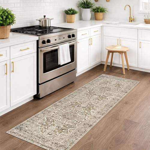KUTA Runners for Hallways 2x6 Beige Brown, Vintage Floral Kitchen Rugs Non-Slip Washable Runner Ultra Soft Printed Retro Distressed Entryway Carpet for Bedroom Laundry Nursery - Image 2