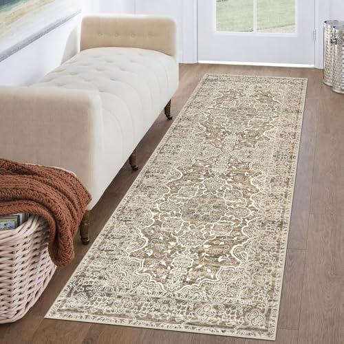 KUTA Runners for Hallways 2x6 Beige Brown, Vintage Floral Kitchen Rugs Non-Slip Washable Runner Ultra Soft Printed Retro Distressed Entryway Carpet for Bedroom Laundry Nursery - Image 1
