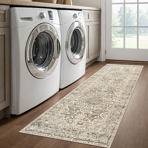 KUTA Runners for Hallways 2x6 Beige Brown, Vintage Floral Kitchen Rugs Non-Slip Washable Runner Ultra Soft Printed Retro Distressed Entryway Carpet for Bedroom Laundry Nursery - Image 3