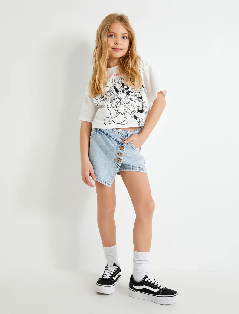 كوتون Faded Button Detail Denim Skort