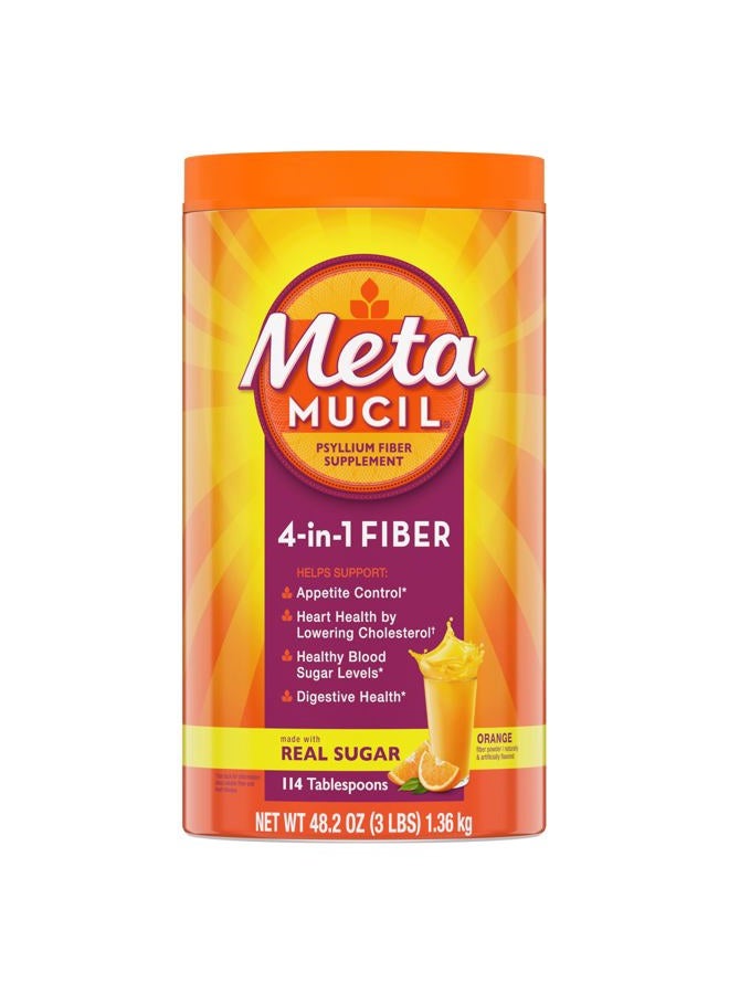 Metamucil 4-in-1 Fiber Supplement for Digestive Health, Psyllium Husk Fiber Powder, Fiber Supplement with Real Sugar, Orange Flavored, 114 tablespoons - Image 1