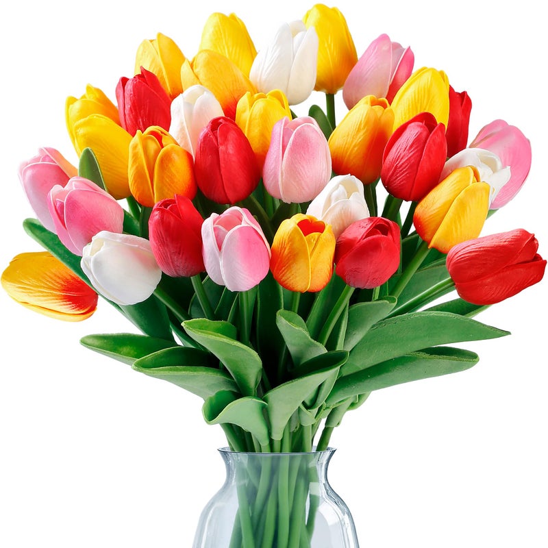 Sggvecsy 15 Pcs Fake Tulips Artificial Flowers Real Touch PU Faux Flowers Tulip Stems for Wedding Spring Bouquet Floral Arrangement Home Party Office Decorations for Mothers Day Multi Colors - Image 2