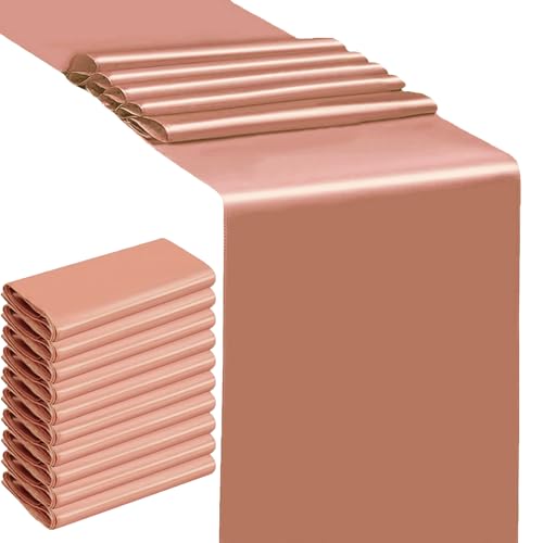 SINSSOWL 10 Satin Rose Gold Table Runner 12 x 108 Inches Wedding Table Runner for Party Banquet Baby Shower Dining Table Decoration Rose Gold
