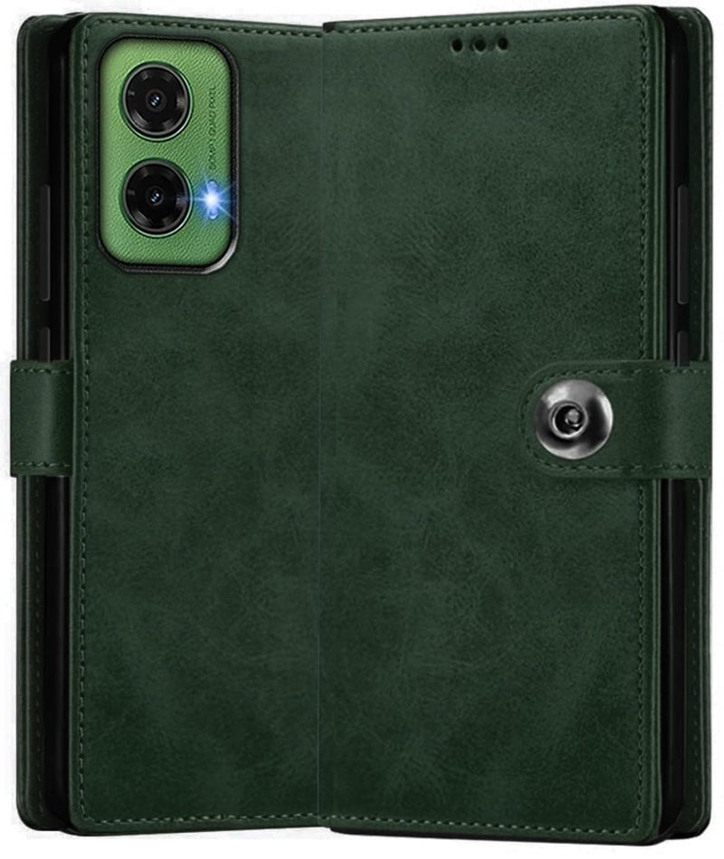 SHINESTAR Ultimate Leather Finish Flip Back Cover for Motorola G35 5G | Inside TPU & Inbuilt Stand | Wallet Style Motorola Moto G35 5G Back Cover Case | Stylish Button Magnetic Closure - Green - Image 1