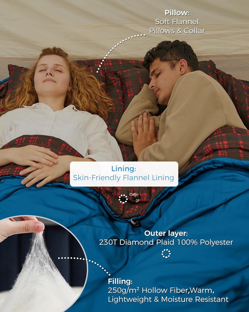 KingCamp Double Sleeping Bag for Adults, Queen Size 2 Person XXL Flannel Sleeping Bag, Waterproof Lightweight Flannel Quilt with 2 Pillows, Perfect for Couples Family Camping Hiking - Image 3