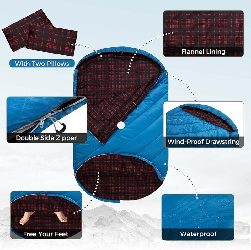 KingCamp Double Sleeping Bag for Adults, Queen Size 2 Person XXL Flannel Sleeping Bag, Waterproof Lightweight Flannel Quilt with 2 Pillows, Perfect for Couples Family Camping Hiking - Image 4