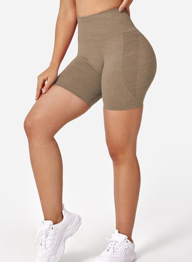 YEOREO Women Seamless High Waist Shorts Smile Contour Biker Shorts Gym Yoga Workout Mocha M - Image 2
