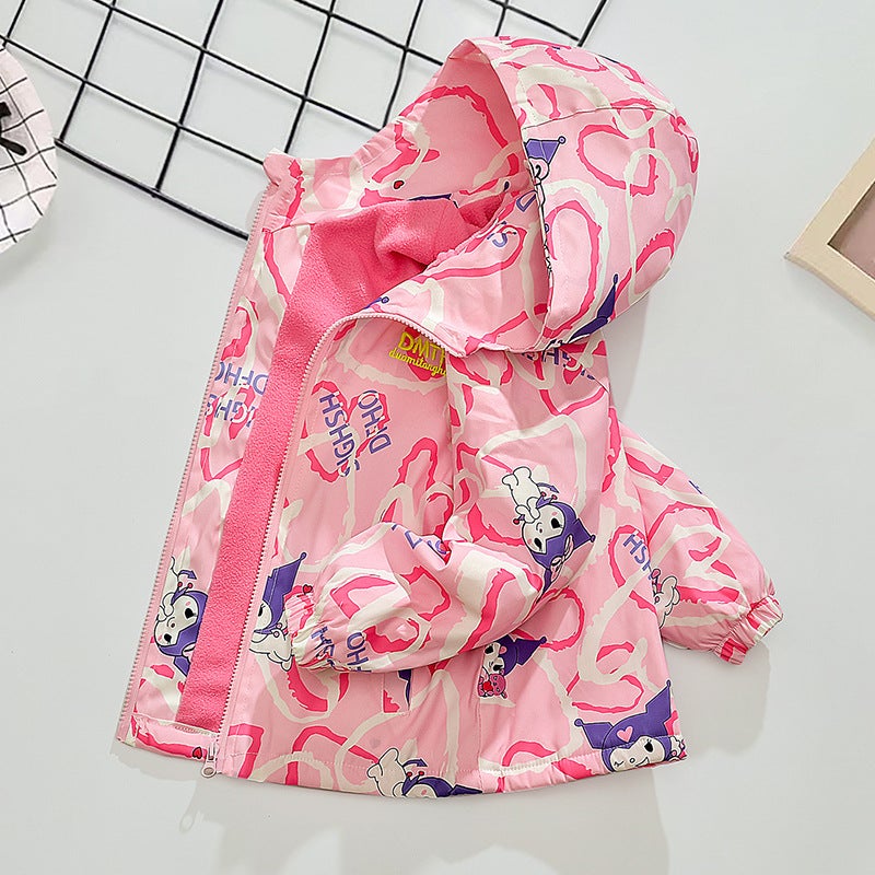 2024 Girls Plush Lined Windbreaker Spring Autumn Jacket Pink  - Image 1