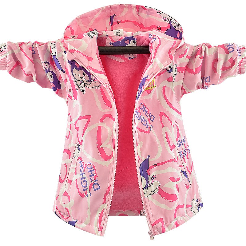 2024 Girls Plush Lined Windbreaker Spring Autumn Jacket Pink  - Image 4