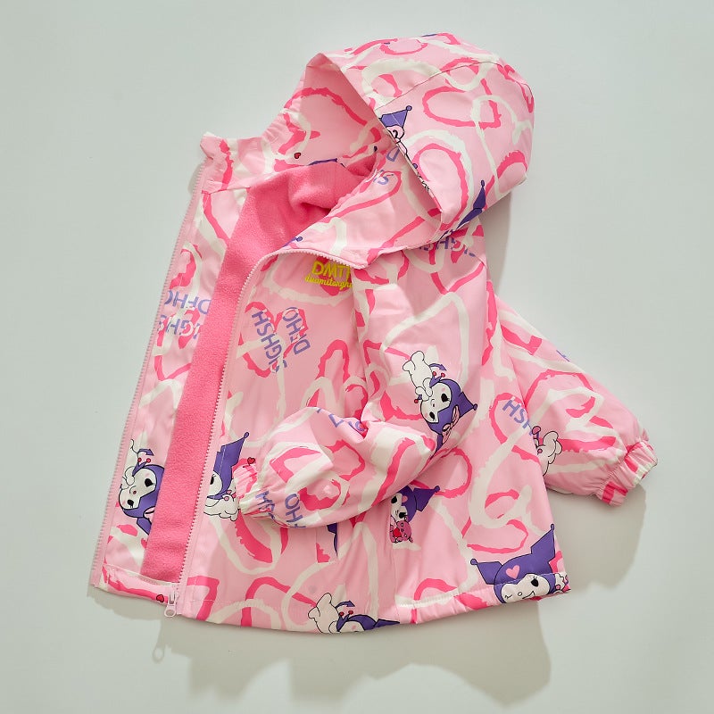 2024 Girls Plush Lined Windbreaker Spring Autumn Jacket Pink  - Image 2