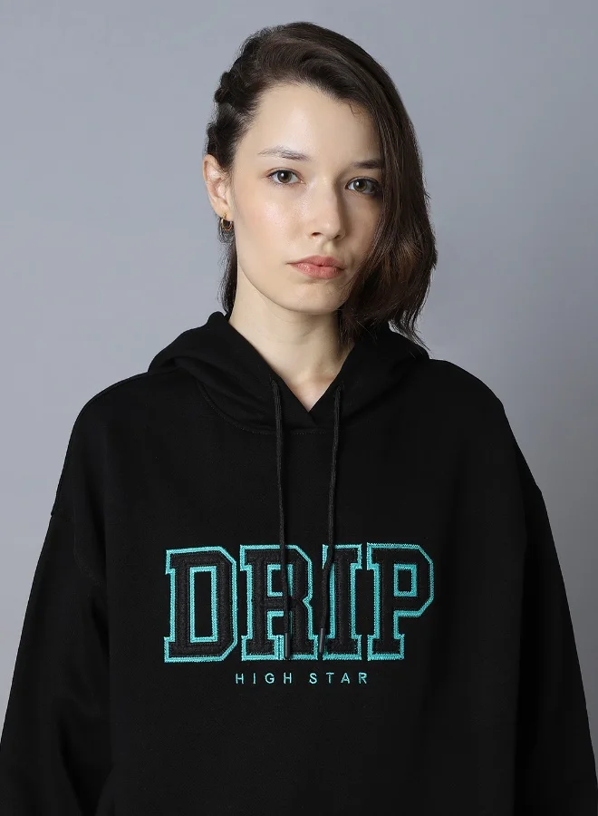 HIGH STAR Women's Black Cotton Blend Printed Oversized Sweatshirt