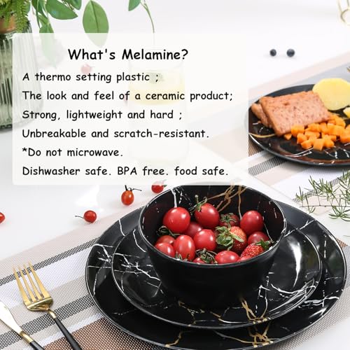 Gofunfun Melamine Dinnerware Set - 12pcs Plates and Bowls Sets Best for Indoor and Outdoor Party, BPA-Free Dishwasher Safe Kitchen Dinner Set with Black Marble Pattern - Image 3