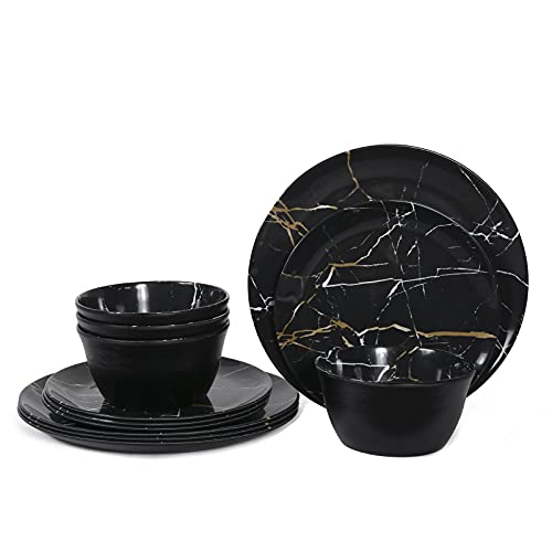 Gofunfun Melamine Dinnerware Set - 12pcs Plates and Bowls Sets Best for Indoor and Outdoor Party, BPA-Free Dishwasher Safe Kitchen Dinner Set with Black Marble Pattern - Image 1