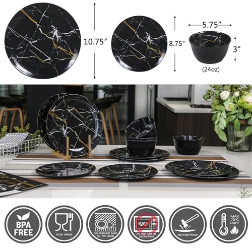 Gofunfun Melamine Dinnerware Set - 12pcs Plates and Bowls Sets Best for Indoor and Outdoor Party, BPA-Free Dishwasher Safe Kitchen Dinner Set with Black Marble Pattern - Image 2