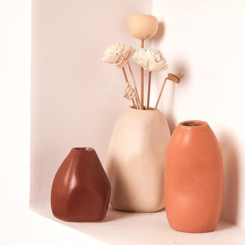PUREZENTO Rustic Ceramic Bud Vase - Set of 3 | Centerpiece & Showpiece for Home Decor, Living Room, Bookshelf & Tabletop Styling | Decorative Vase for Pampas Grass, Dried & Artificial Flowers - Image 5