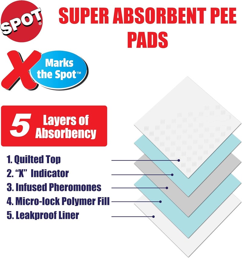 سبوت وسادات التبول فائقة الامتصاص SPOT X Marks The Spot | وسادات الجراء | وسادات الجراء ذات اللاصق | وسادات التدريب | وسادات الكلاب | وسادات تبول الكلاب | وسادات قضاء حاجة الكلاب | شرائط لاصقة | 22 × 22 بوصة | 30 قطعة - Image 2