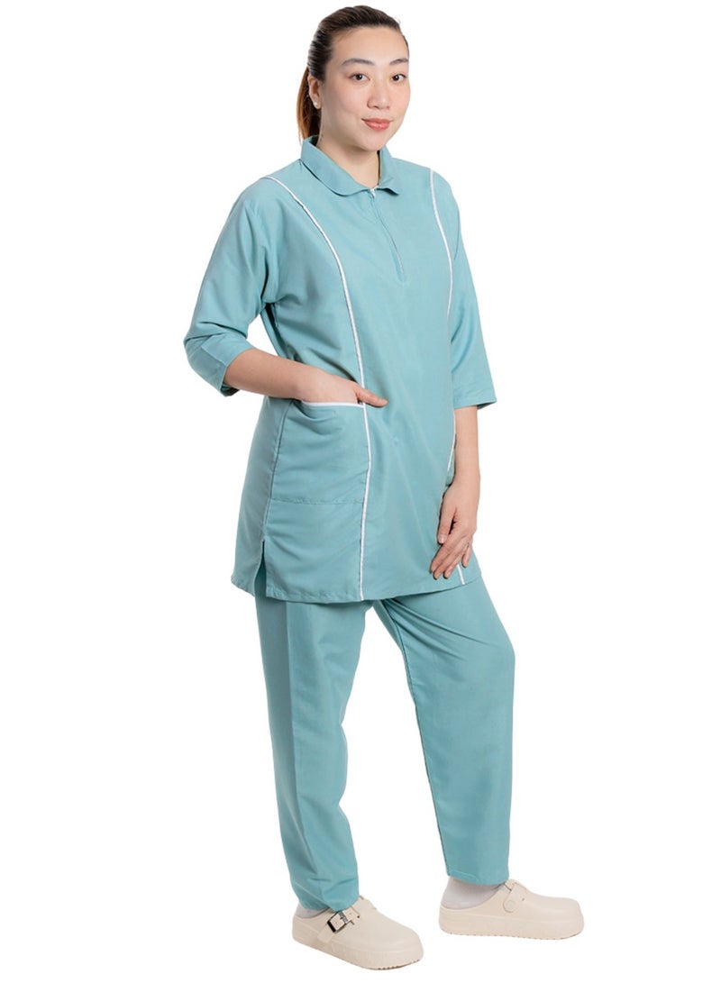 Professional Housemaid/Khadama/Nanny Uniform Set, 3/4 Sleeve Tunic with White Piping,with Matching Trousers