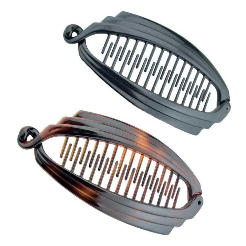 Parcelona French Broad Tortoise Shell Brown and Black Large 5 Celluloid Acetate Ponytail Interlocking No Slip Grip Set of 2 Fishtail Banana Hair Clip for Women and Girls Made in France Black and Shell Brown - Image 1