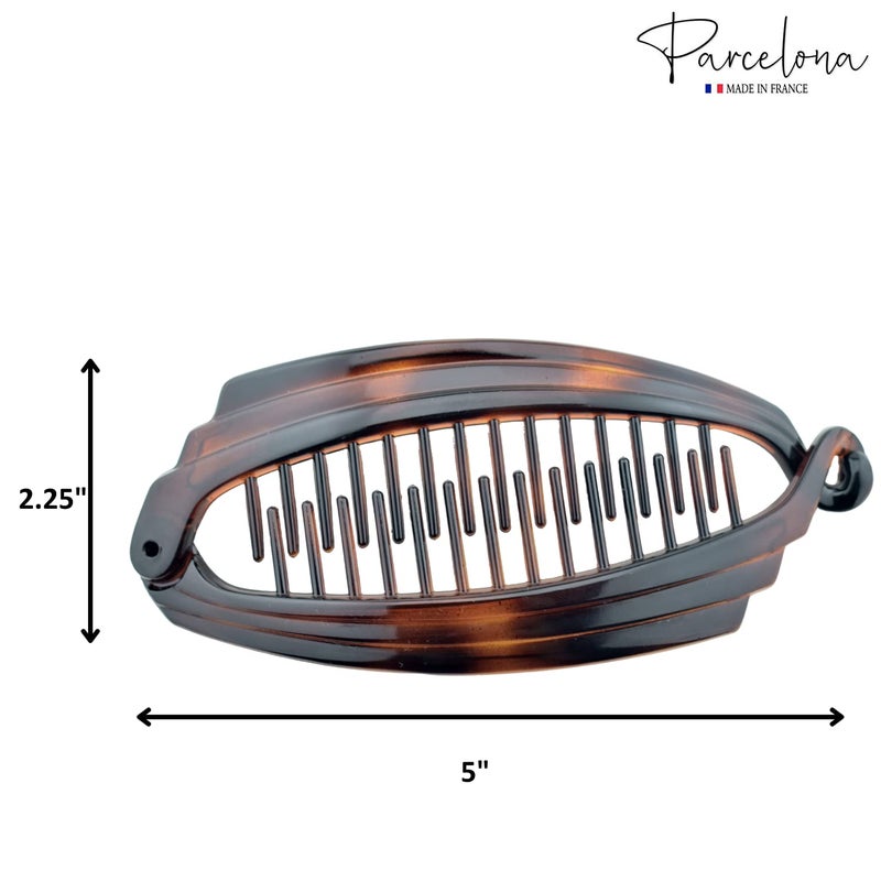 Parcelona French Broad Tortoise Shell Brown and Black Large 5 Celluloid Acetate Ponytail Interlocking No Slip Grip Set of 2 Fishtail Banana Hair Clip for Women and Girls Made in France Black and Shell Brown - Image 4