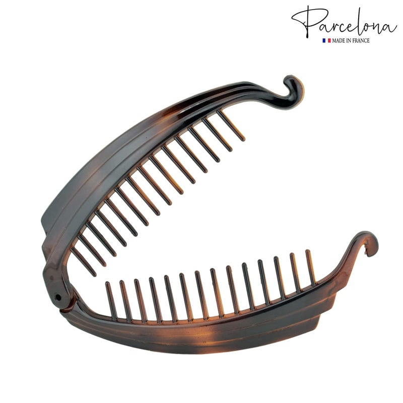 Parcelona French Broad Tortoise Shell Brown and Black Large 5 Celluloid Acetate Ponytail Interlocking No Slip Grip Set of 2 Fishtail Banana Hair Clip for Women and Girls Made in France Black and Shell Brown - Image 3