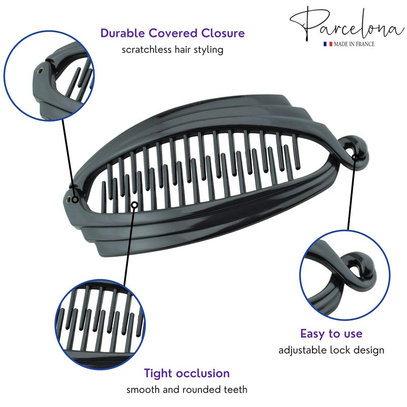 Parcelona French Broad Tortoise Shell Brown and Black Large 5 Celluloid Acetate Ponytail Interlocking No Slip Grip Set of 2 Fishtail Banana Hair Clip for Women and Girls Made in France Black and Shell Brown - Image 2