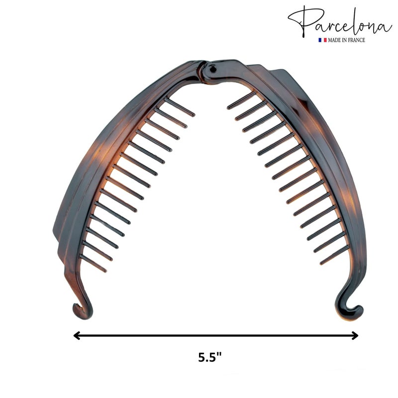 Parcelona French Broad Tortoise Shell Brown and Black Large 5 Celluloid Acetate Ponytail Interlocking No Slip Grip Set of 2 Fishtail Banana Hair Clip for Women and Girls Made in France Black and Shell Brown - Image 5