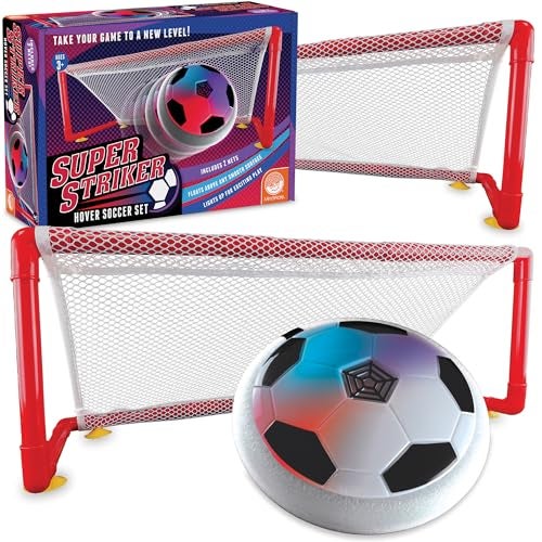 MindWare Super Striker Hover Soccer Ball Set Indoor Soccer for Kids Ages 3 and Up Flashing LED Lights USB Charger Includes 2 Sturdy Nets for 1 or 2Player Indoor Games for Kids 812 - Image 1