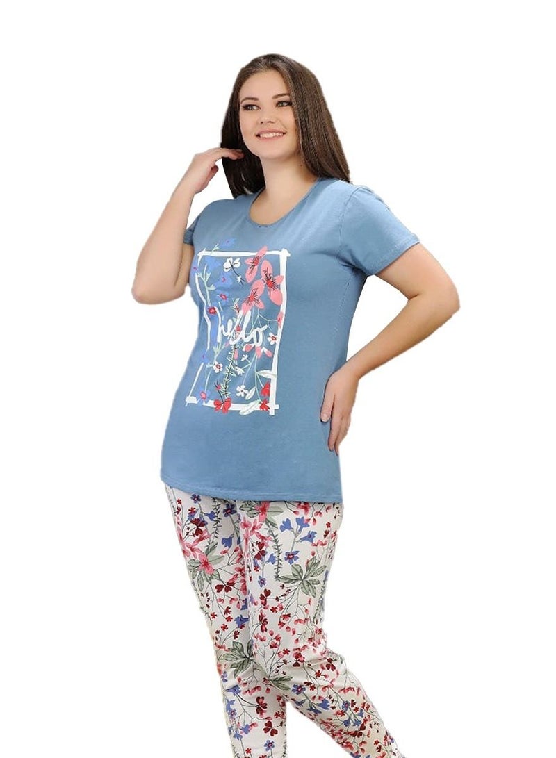 Ganna Women's short-sleeved pyjamas and summer long pants made of cotton large sizes 