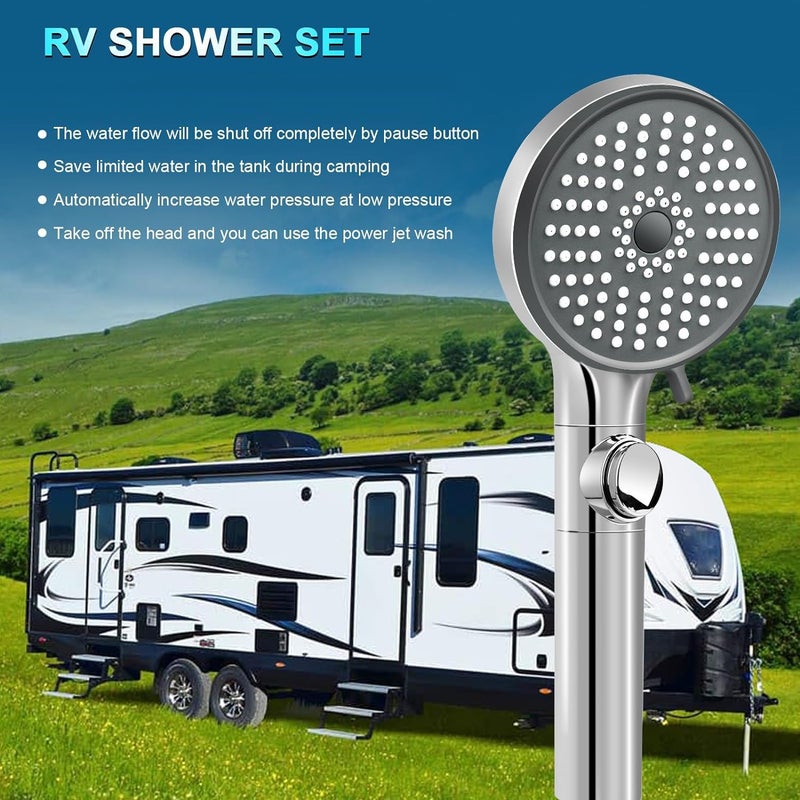FOCSPROD RV Shower Head with Hose, High Pressure 5 Mode Shower head Replacement, Showerheads for RV/Campers, Travel Trailer, Motorhome for Water Saving, Handheld Shower Head Holder and Hose, On Off Switch - Image 4