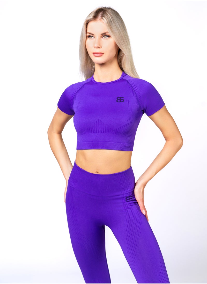 Bernessi Nylon Short Sleeve Crop Top with Round Neck Women's Cropped T Shirt for Workout Yoga Running Exercise Purple Mood Color  - Image 3