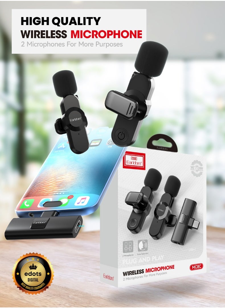 Earldom Wireless Lavalier Lapel Microphone with Type-C Connector – 25m Wireless Range, Dual Mic, Plug-and-Play for Video Recording, Interviews, Vlogging, Noise Reduction (2.4 GHz)  - Image 1