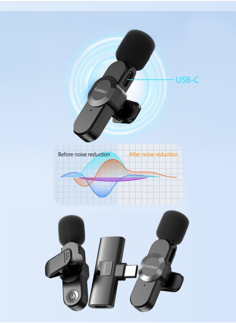 Earldom Wireless Lavalier Lapel Microphone with Type-C Connector – 25m Wireless Range, Dual Mic, Plug-and-Play for Video Recording, Interviews, Vlogging, Noise Reduction (2.4 GHz)  - Image 3