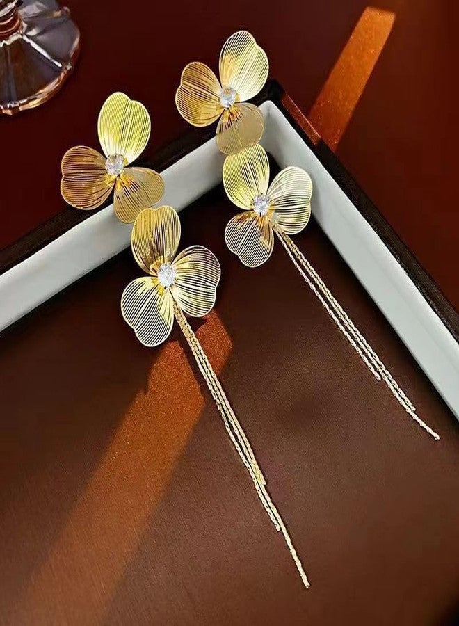 AMAAL Floral Long Dangler Earrings for Women & Girls | Stylish Gold Plated Earrings | Elegant American Diamond Ear Rings | Aesthetic Minimal Fashion Jewellery | Trendy Gift Earrings for Women - Image 4